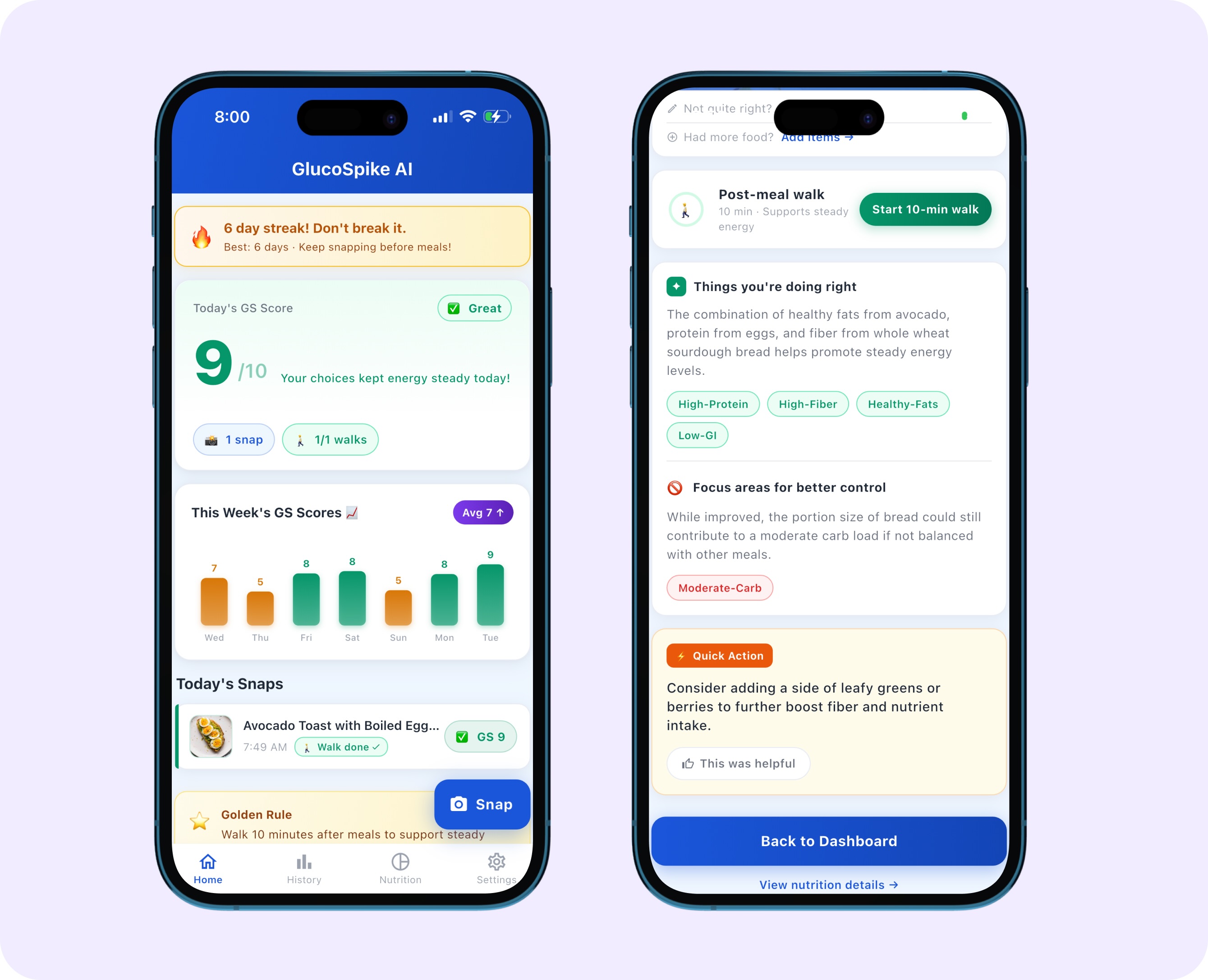 GlucoSpike AI app showing a meal photo with macro breakdown and personalized tips