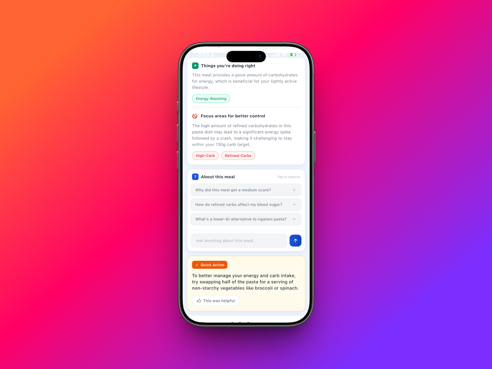 GlucoSpike showing things you are doing right and focus areas for better blood sugar control