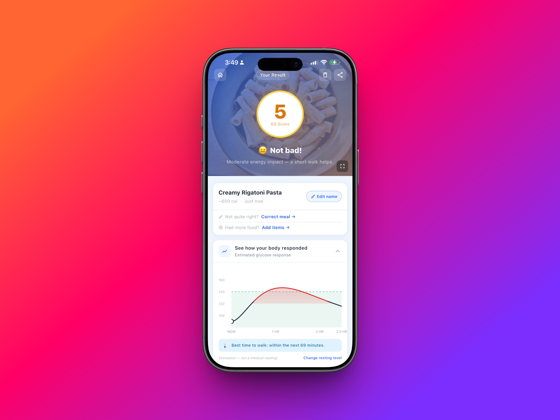 GlucoSpike app showing GlucoScore 5 meal rating for Creamy Rigatoni Pasta with spike prediction graph