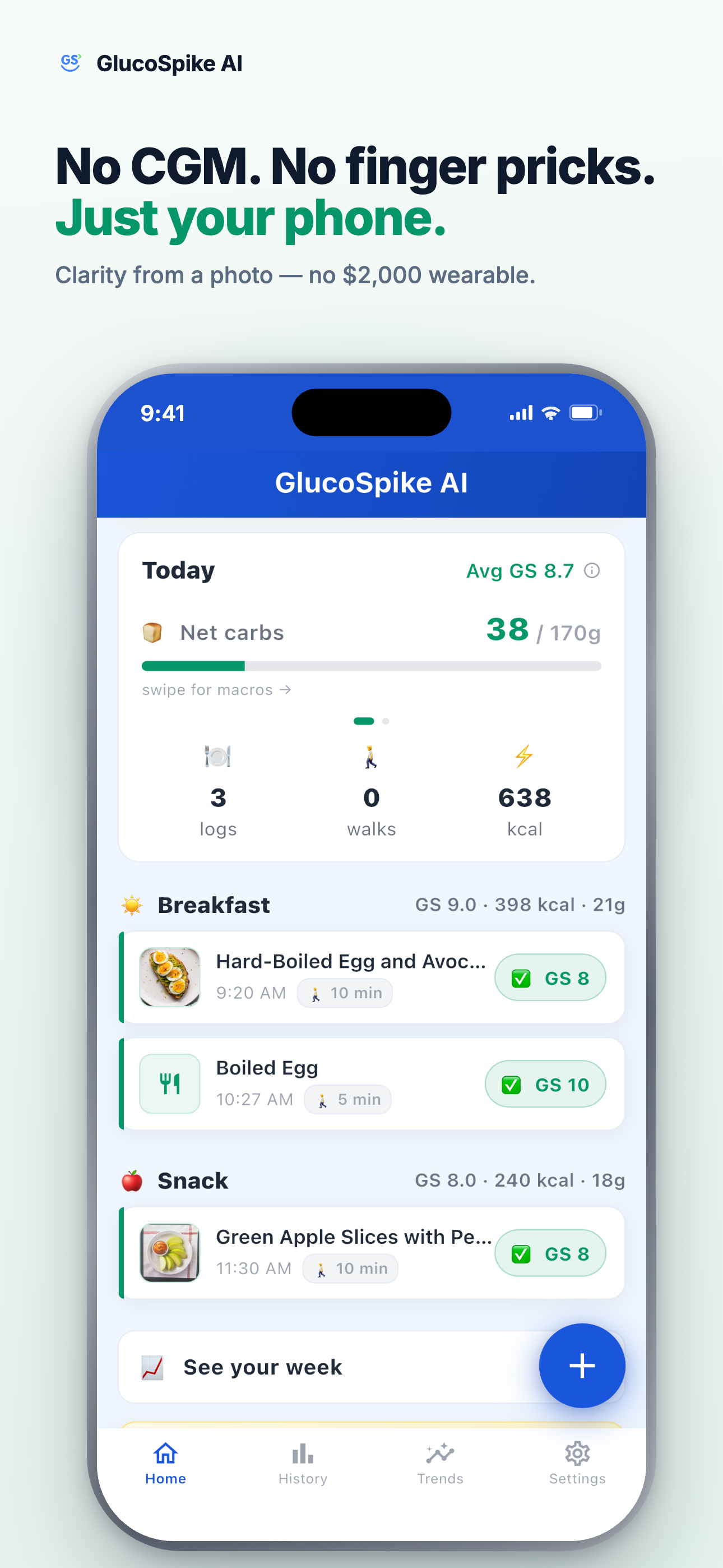 GlucoSpike AI home screen — today's net carbs, GS Score, and logged meals