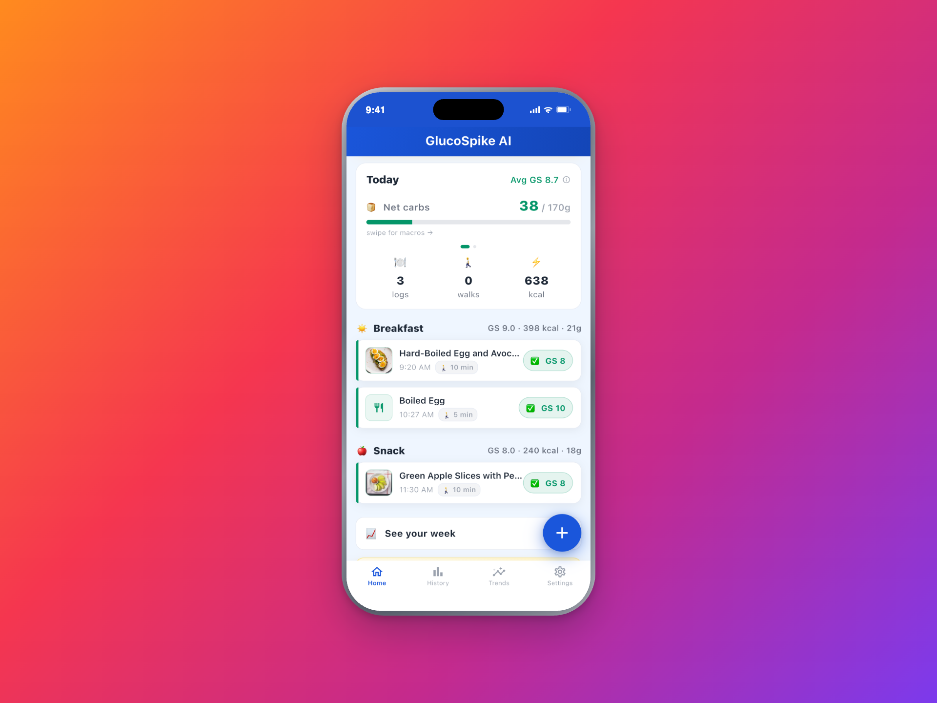 GlucoSpike dashboard showing today's average GS Score, net-carb progress, logged meals and walks