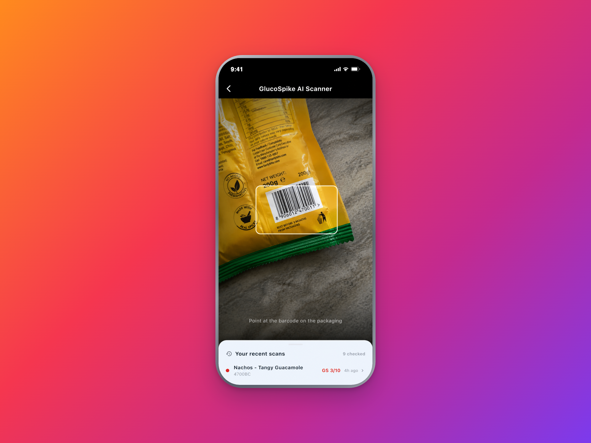 GlucoSpike AI Scanner pointed at a snack packet barcode, with recent scans and their GS Scores below