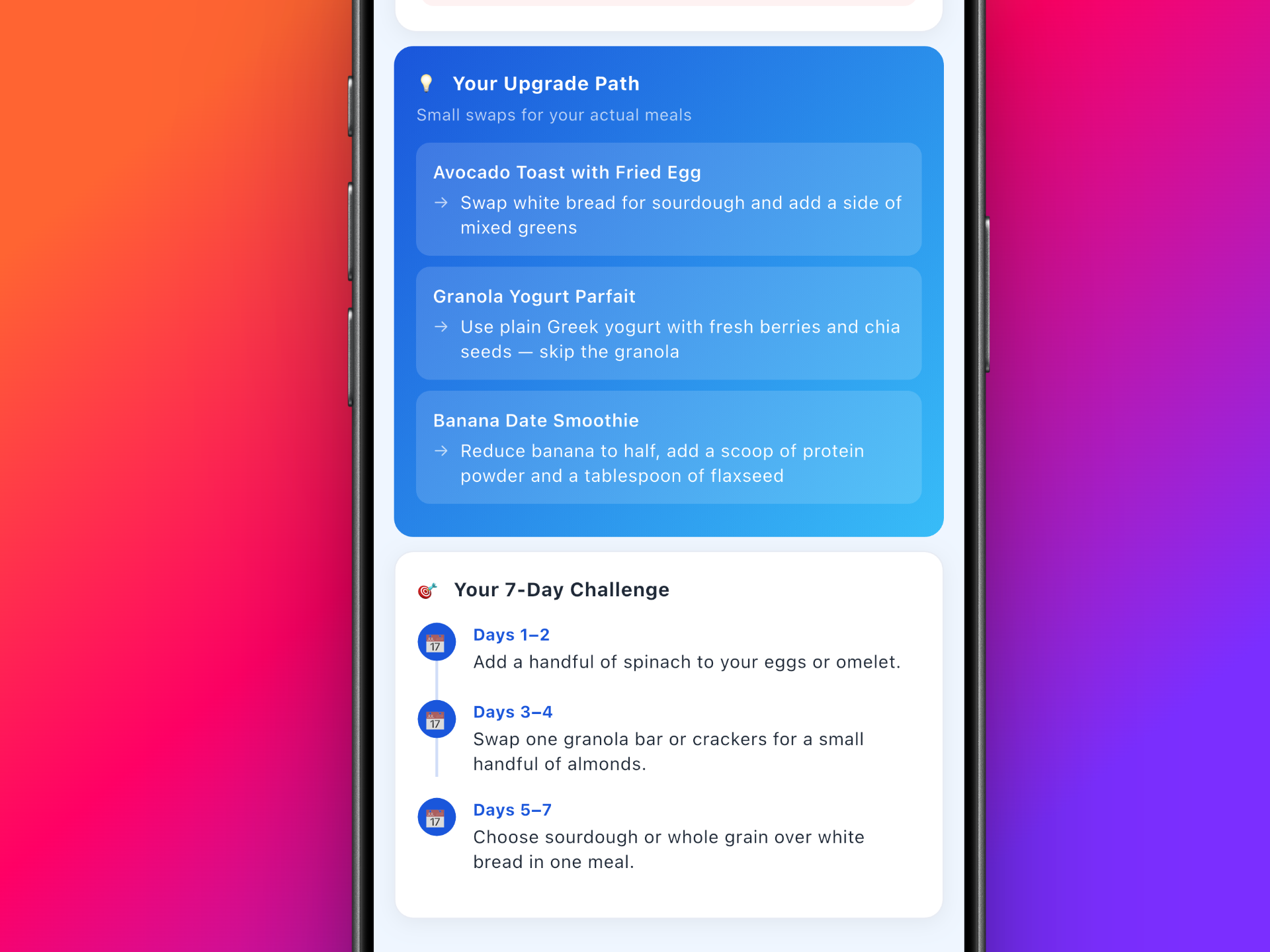 GlucoSpike upgrade path showing specific meal swaps and 7-day challenge
